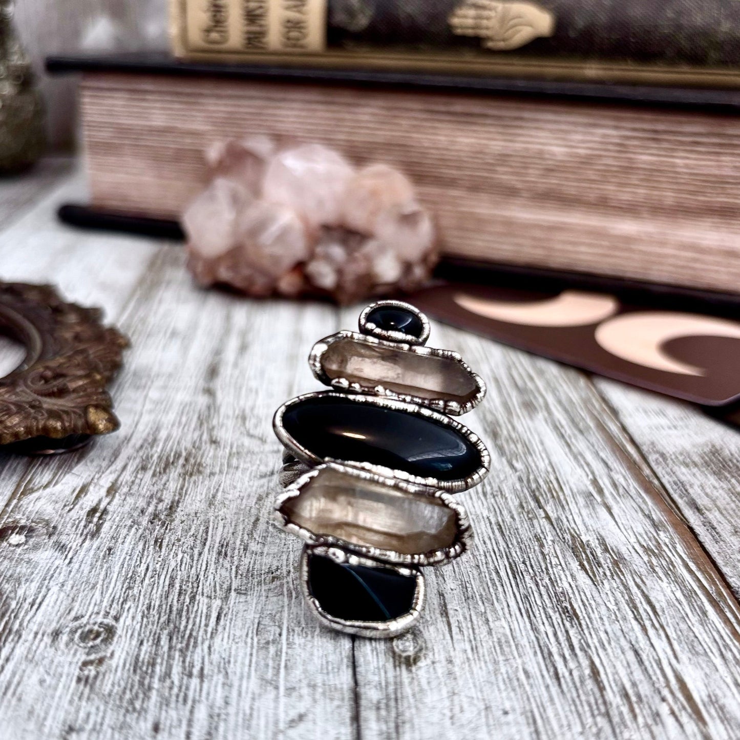 Multi Stone Obsidian Clear Quartz Ring In Silver Size 8.5 / Foxlark Collection