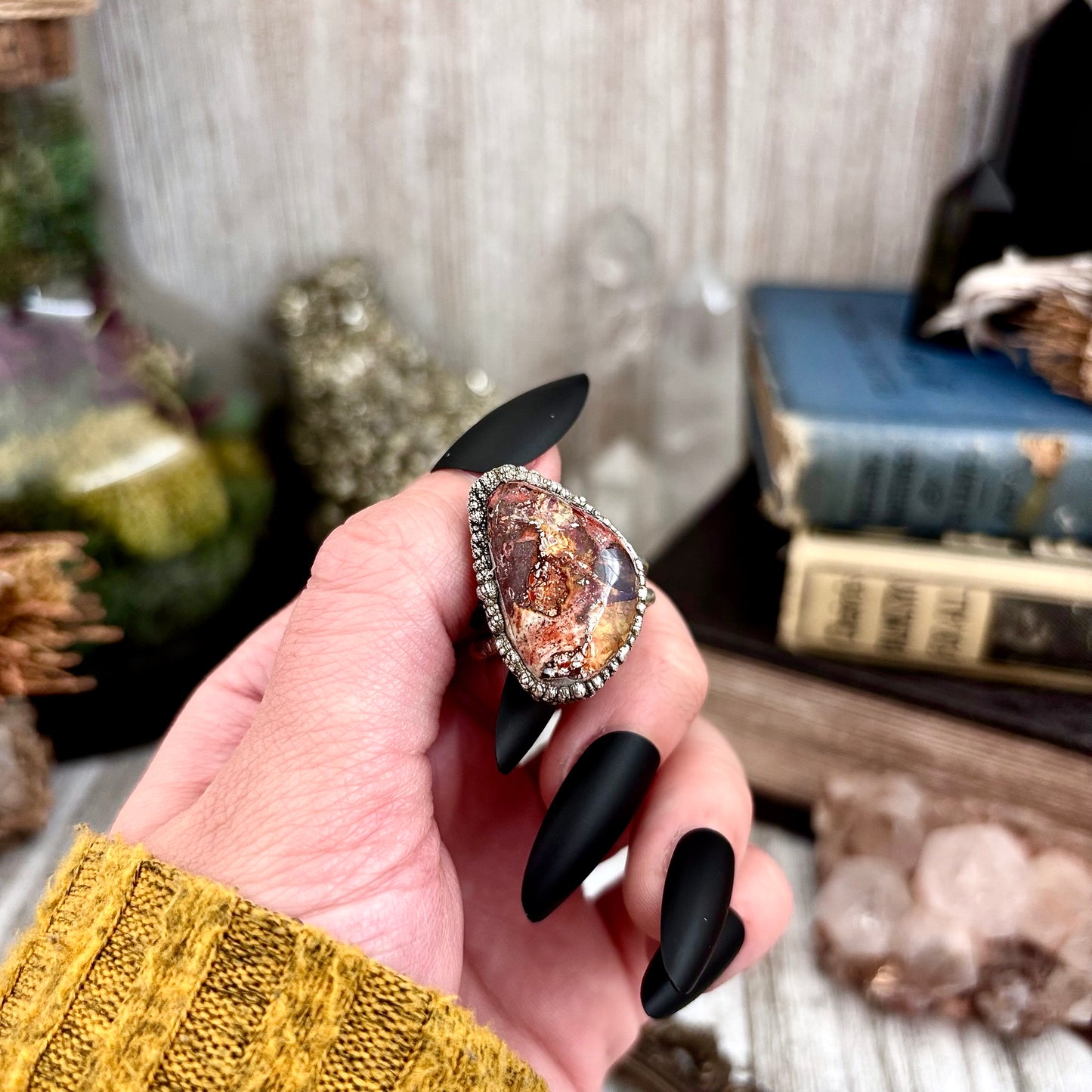 Fire Opal Crystal Ring Set in Fine Silver Size 10 / Foxlark Collection - One of a Kind
