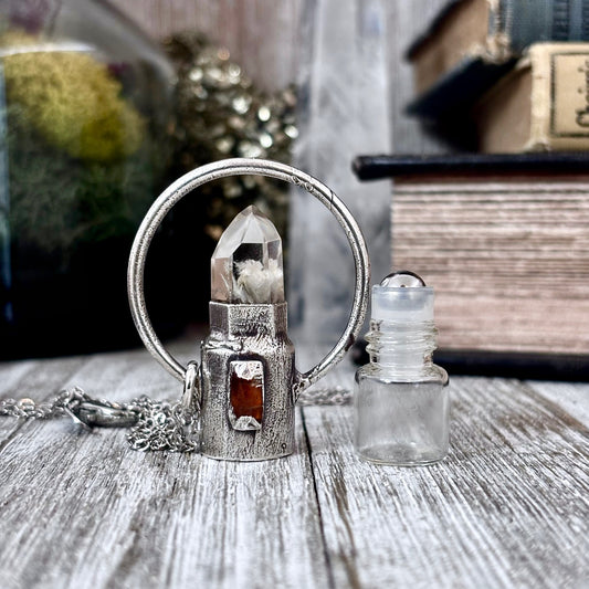 Garden Quartz and Orange Kyanite Crystal Necklace / Silver Rollerball Necklace