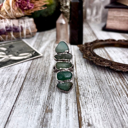 Multi Stone Aventurine Crystal Ring Set in Fine Silver Size 8 / Foxlark Collection - One of a Kind