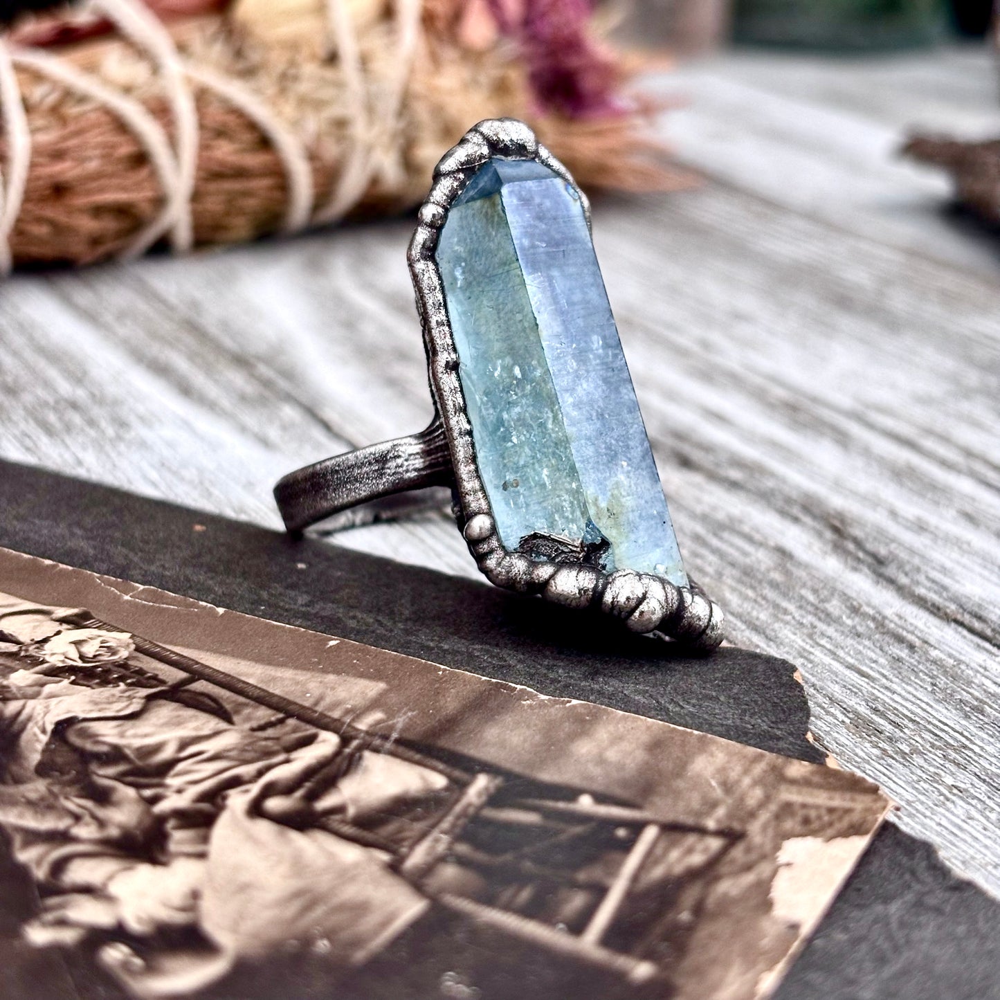 Aqua Aura Quartz Crystal Ring Set in Fine Silver Size 7.5 / Foxlark Collection - One of a Kind