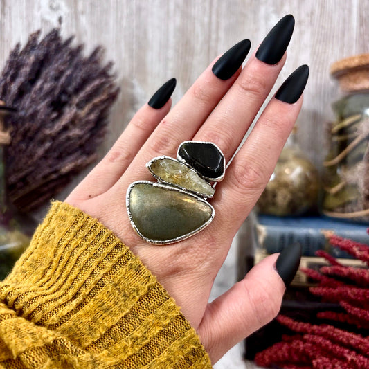 Multi Stone Black Obsidian Citrine Pyrite Ring In Silver Size 8/ Foxlark Collection