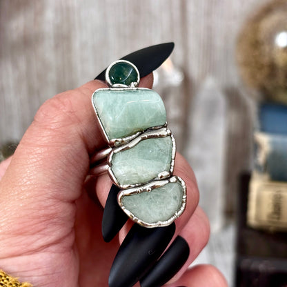 Multi Stone Aquamarine Moss Agate Ring In Silver Size 8.5 / Foxlark Collection