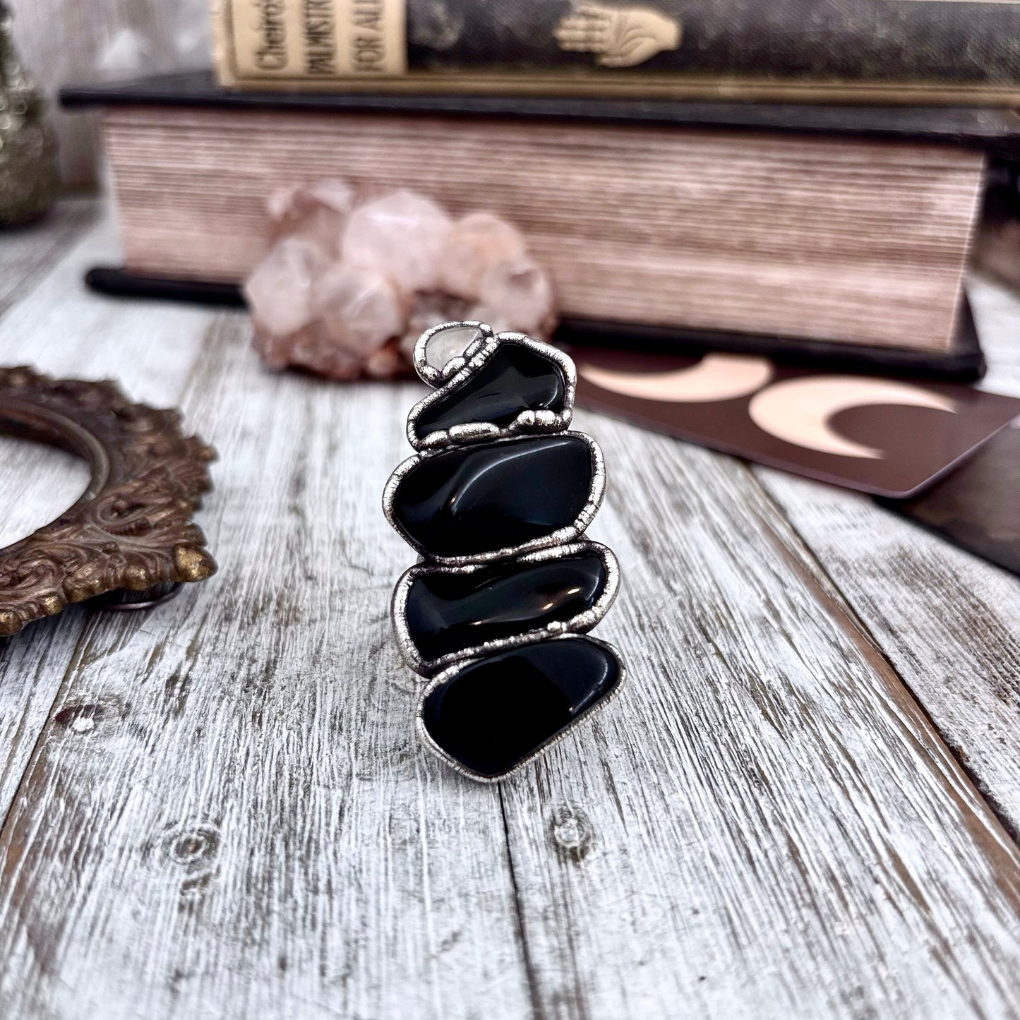 Multi Stone Black Obsidian Clear Quartz Ring In Silver Size 8.5 / Foxlark Collection