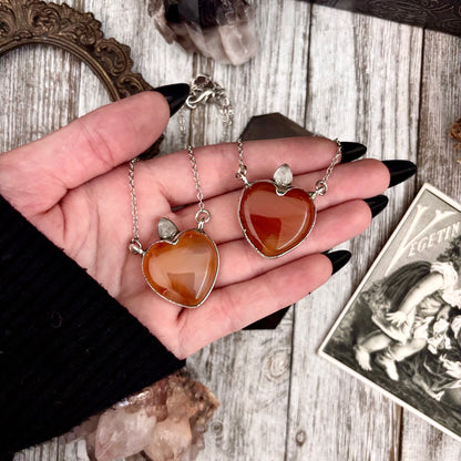 Carnelian Heart Rose Quartz Teardrop Statement Necklace in Fine Silver / Foxlark Collection - One of a Kind