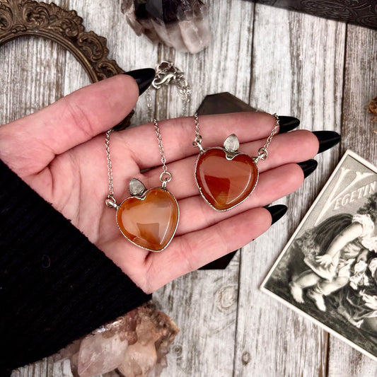 Carnelian Heart Rose Quartz Teardrop Statement Necklace in Fine Silver / Foxlark Collection - One of a Kind
