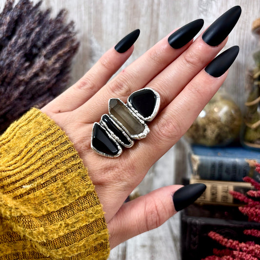 Multi Stone Black Obsidian Smoky Quartz Ring In Silver Size 10 / Foxlark Collection