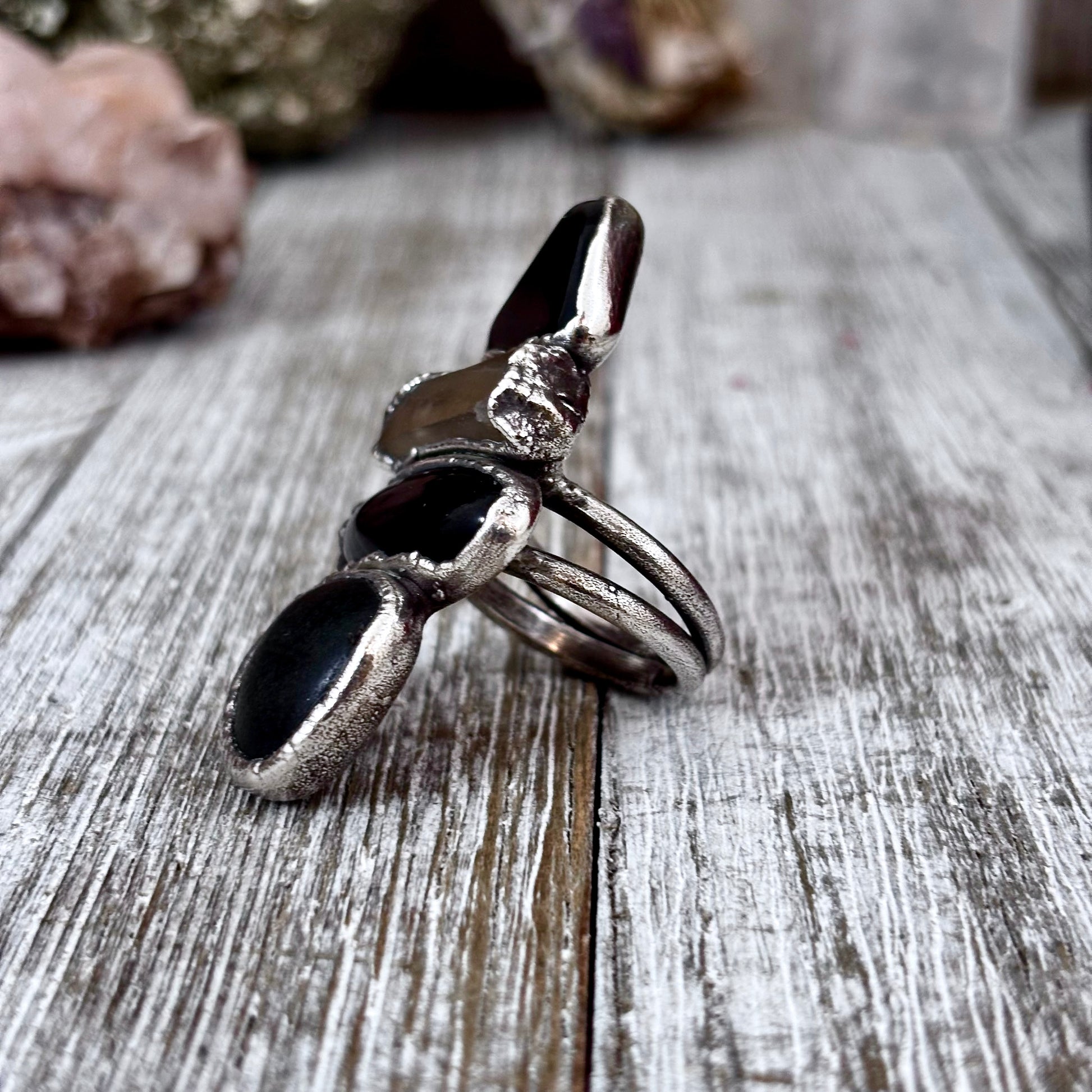 Multi Stone Black Obsidian Smoky Quartz River Rock Ring In Silver