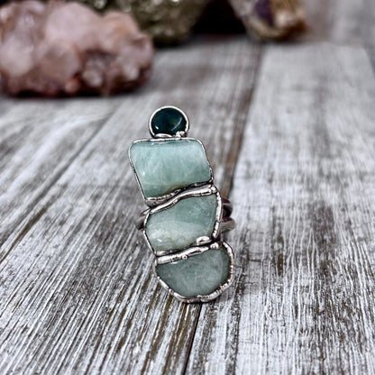 Multi Stone Aquamarine Moss Agate Ring In Silver Size 8.5 / Foxlark Collection