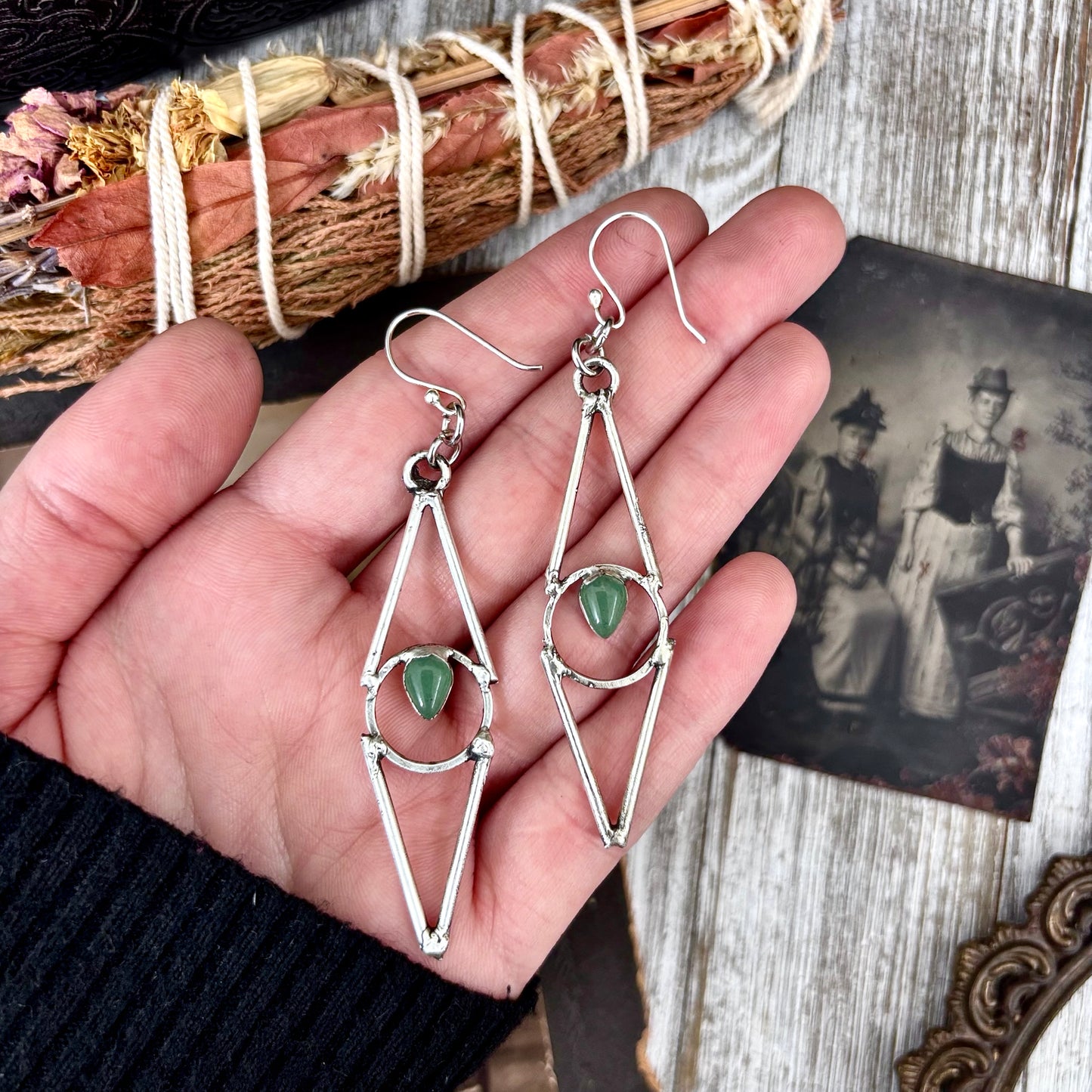 Aventurine Fine Silver Crystal Earrings / Long Dangle Witchy Earrings