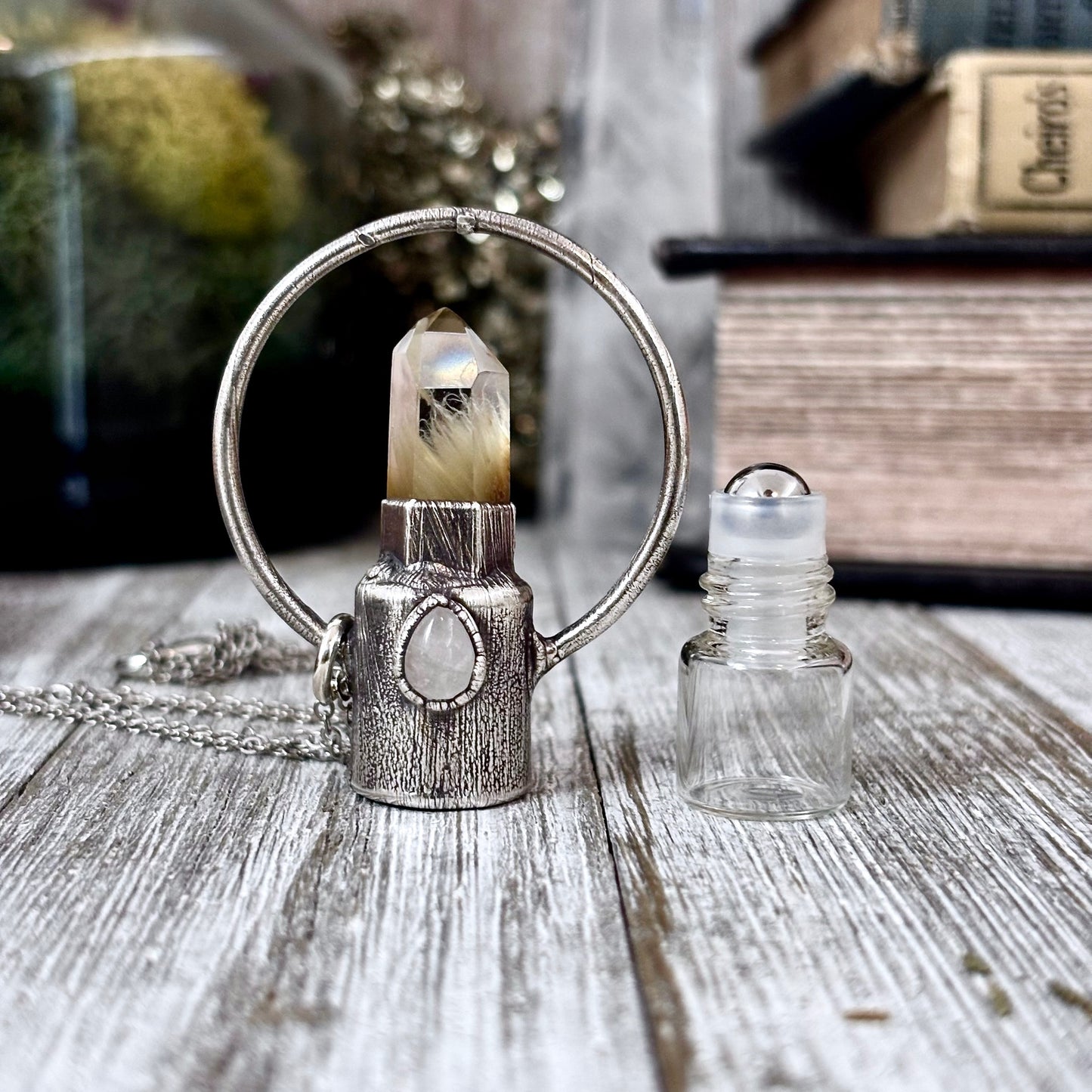 Garden Quartz and Clear Quartz Crystal Necklace / Silver Rollerball Necklace