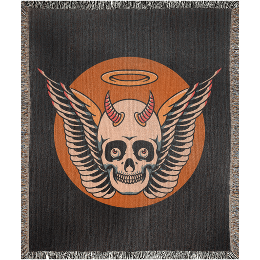 Angel Devil Skull Traditional Tattoo Style Woven Fringe Blanket / / Wall tapestry, throw for sofa, maximalist decor, tattoo home decor