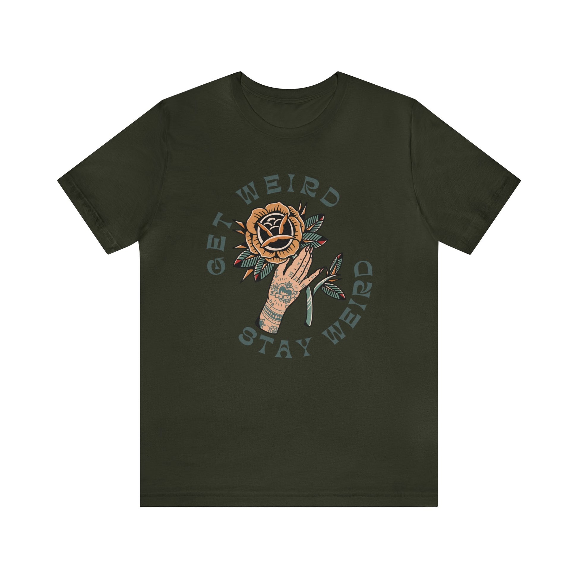 Get Weird Stay Weird Tattoo T-shirt / Tattooed Hand With Rose Unisex Vintage Traditional Tattoo Tee Shirt / Punk Rock Clothing Tshirt - Foxlark Crystal Jewelry