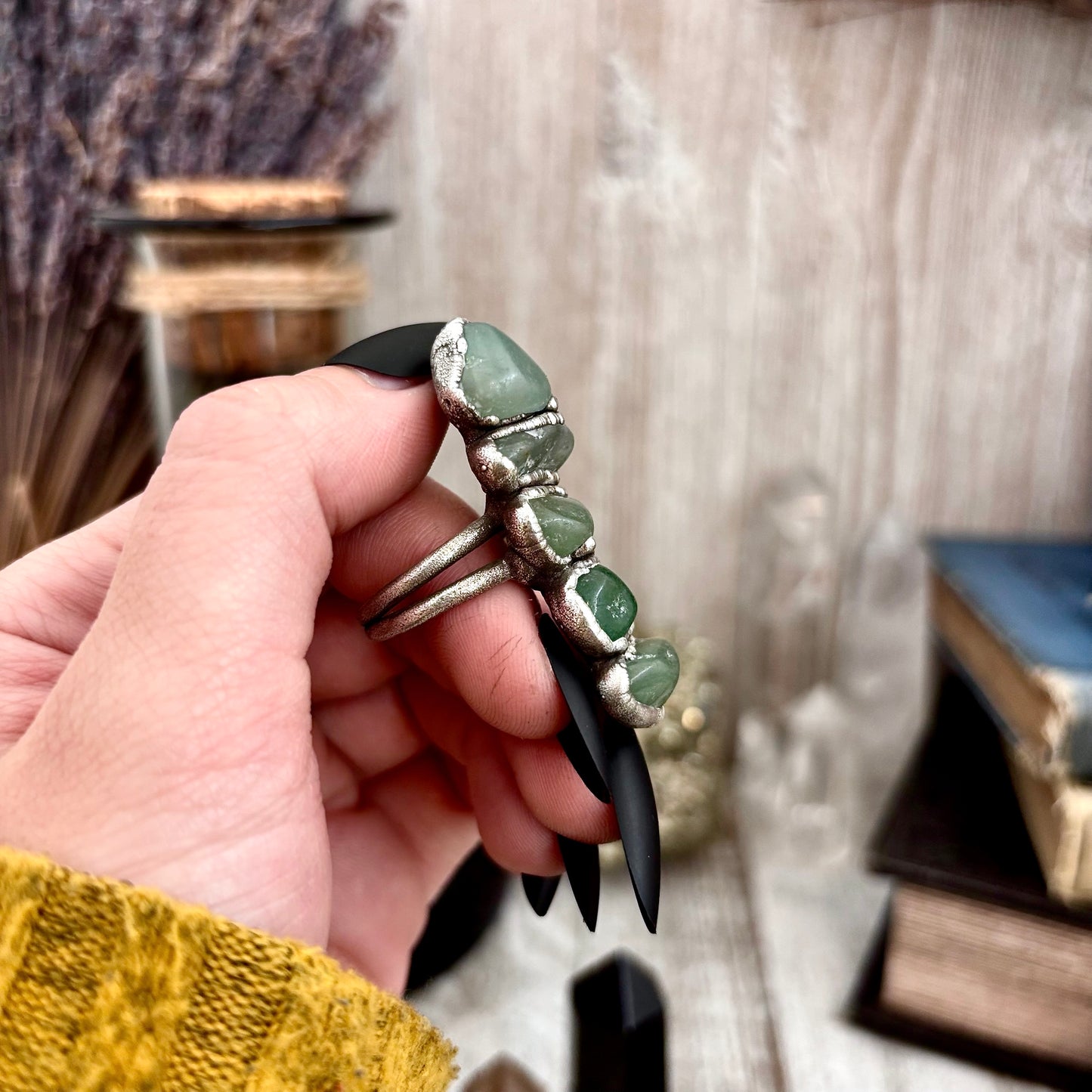 Multi Stone Aventurine Crystal Ring Set in Fine Silver Size 8 / Foxlark Collection - One of a Kind