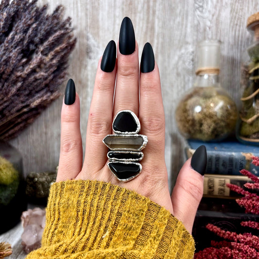 Multi Stone Black Obsidian Smoky Quartz Ring In Silver Size 10 / Foxlark Collection