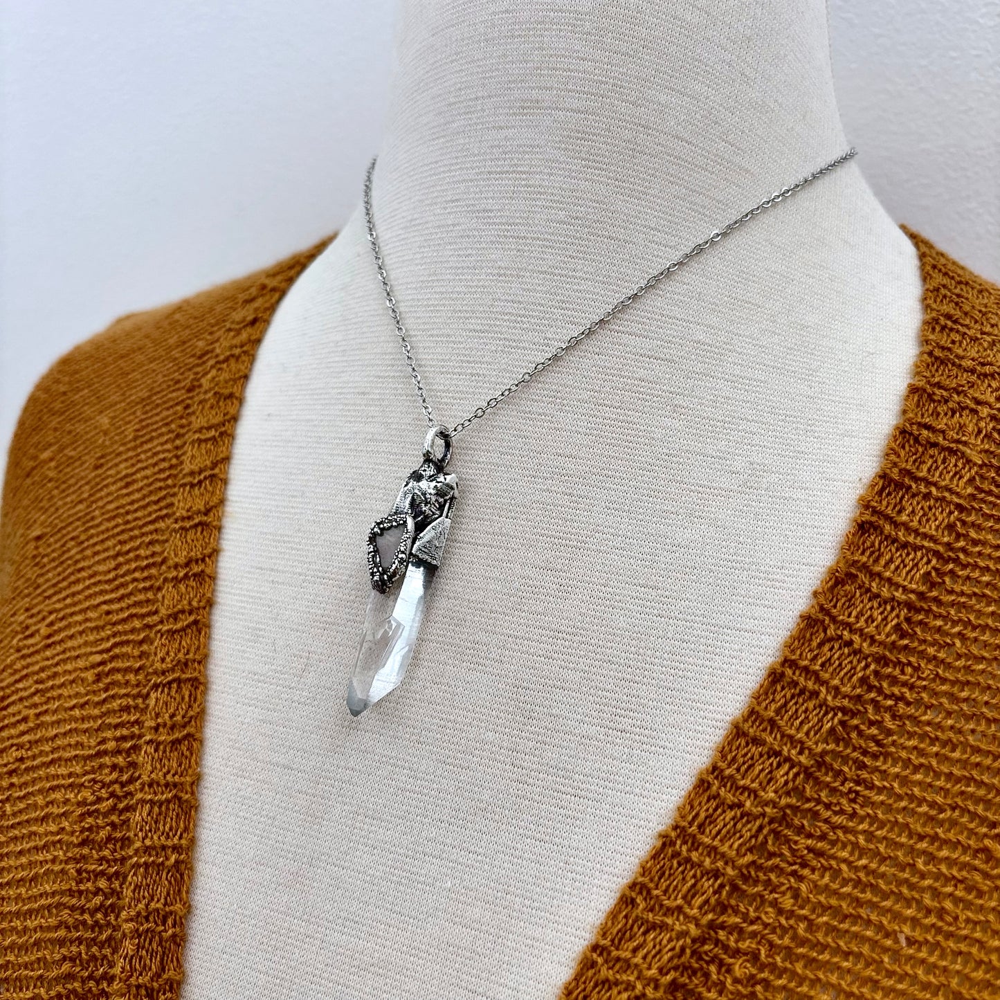 Clear Quartz & Peach Moonstone Crystal Statement Necklace in Fine Silver / Foxlark Collection - One of a Kind