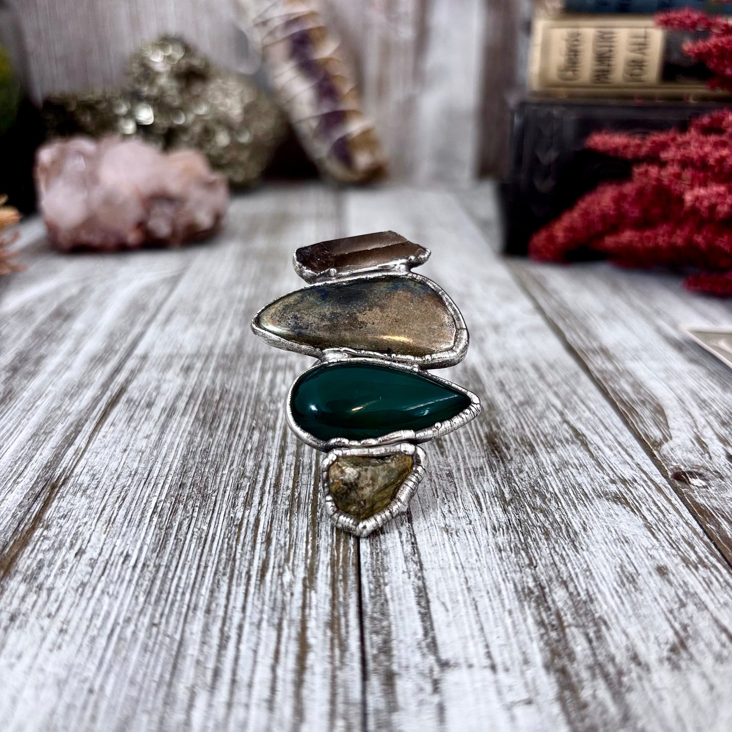 Multi Stone Pyrite Green Agate Smoky Quartz Ring In Silver Size 8 / Foxlark Collection