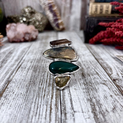 Multi Stone Pyrite Green Agate Smoky Quartz Ring In Silver Size 8 / Foxlark Collection
