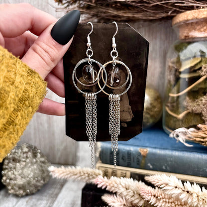 Smoky Quartz Hoop Fringe Earrings / Long Dangle Witchy Earrings