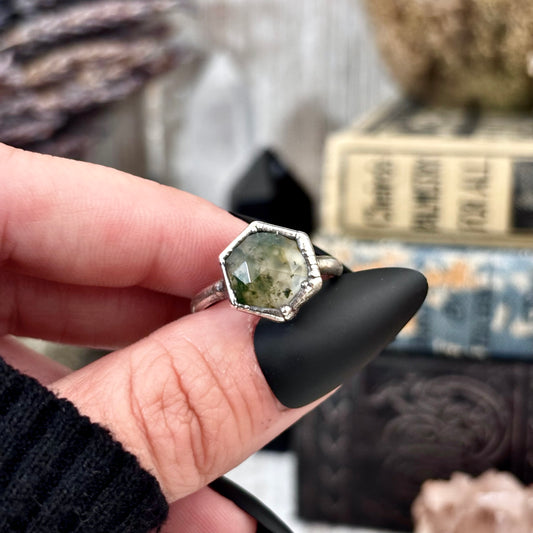Moss Agate Ring Fine Silver Small Faceted Stone Ring Size 5 6 7 8 9 10 11 / Foxlark Collection