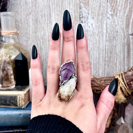 Two Stone Raw Amethyst and Citrine Ring in Fine Silver Size 11 / Foxlark Collection - One of a Kind