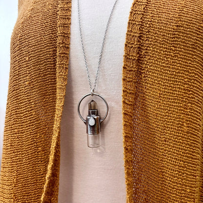 Smoky Quartz and Clear Quartz Crystal Necklace / Silver Rollerball Necklace