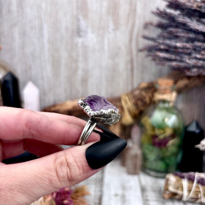 Raw Amethyst Crystal  Ring Set in Fine Silver Size 8 / Foxlark Collection - One of a Kind