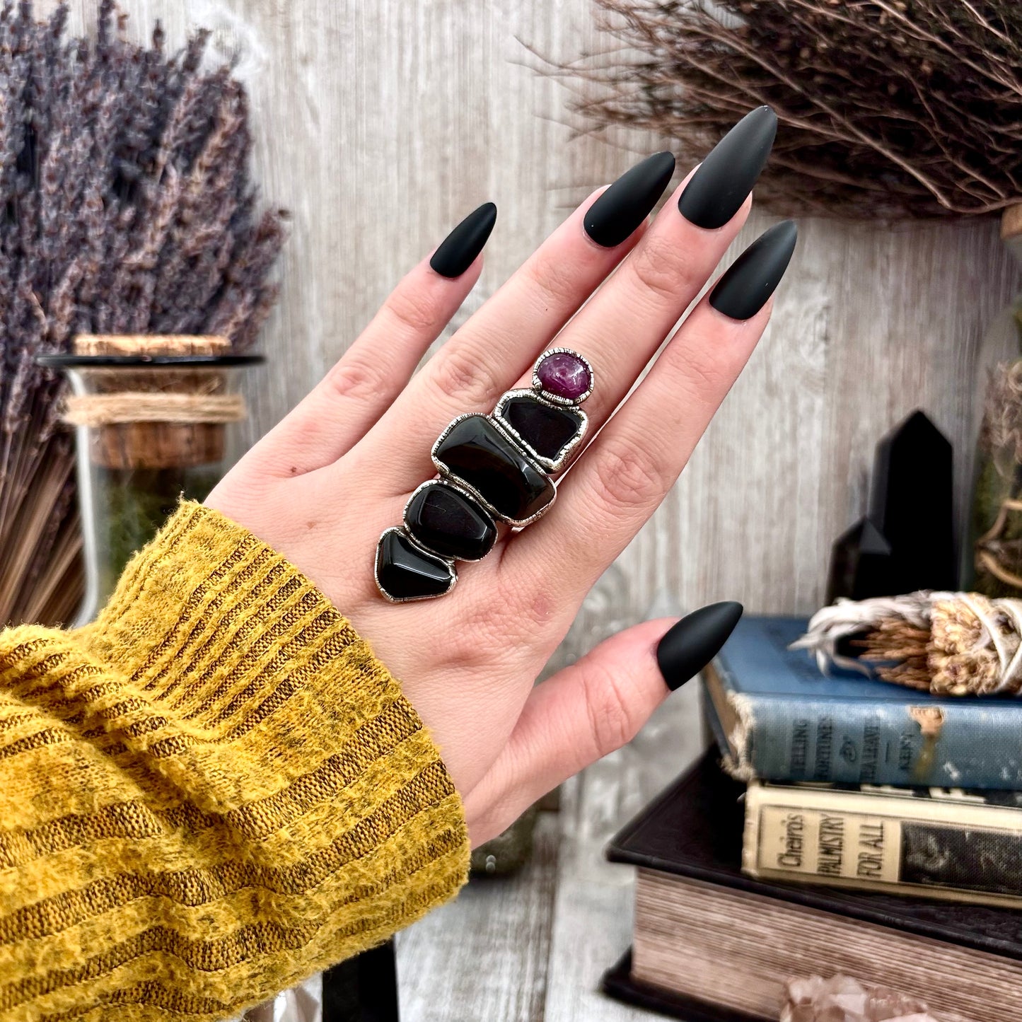 Multi Stone Black Obsidian Star Ruby Ring In Silver Size 8 / Foxlark Collection