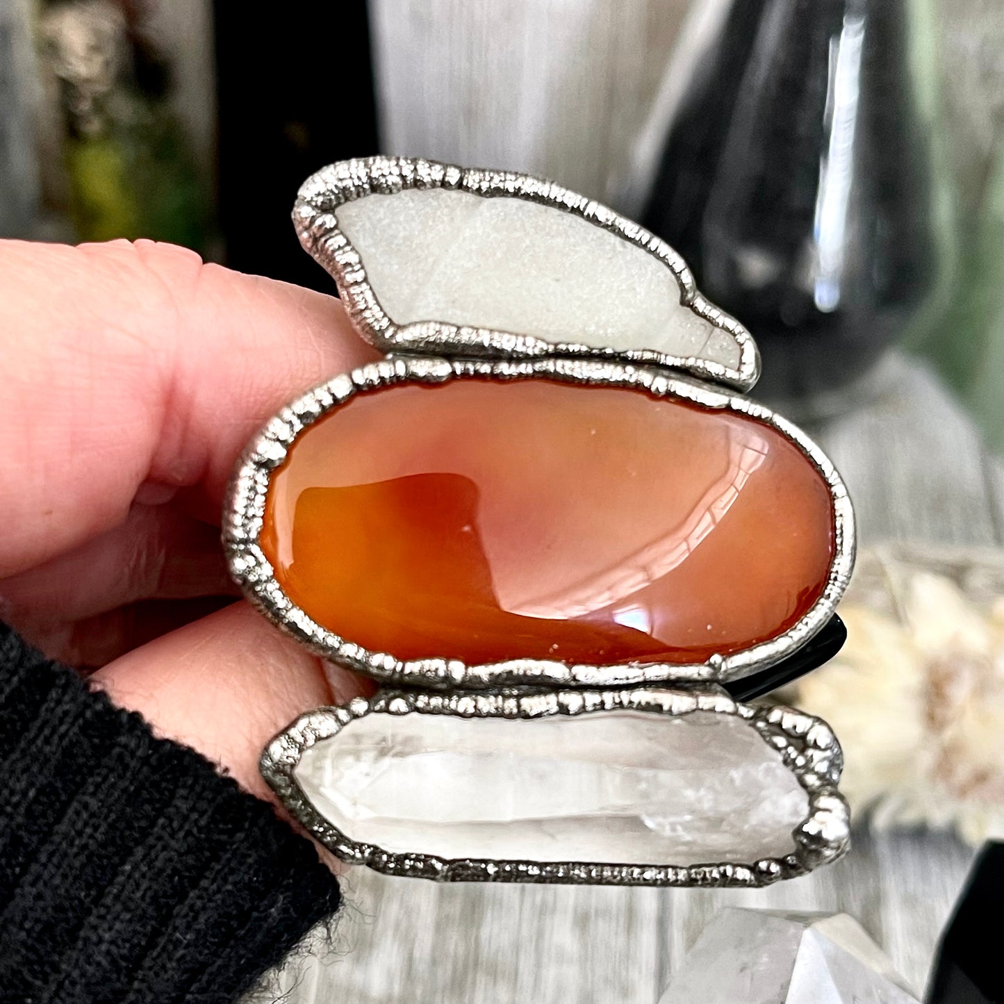 Size 9 Crystal Ring - Three Stone Ring Sea Glass Carnelian Clear Quartz Ring in Silver / Foxlark Collection - One of a Kind