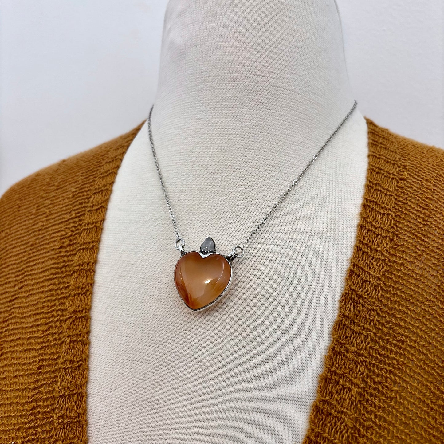 Carnelian Heart Rose Quartz Teardrop Statement Necklace in Fine Silver / Foxlark Collection - One of a Kind