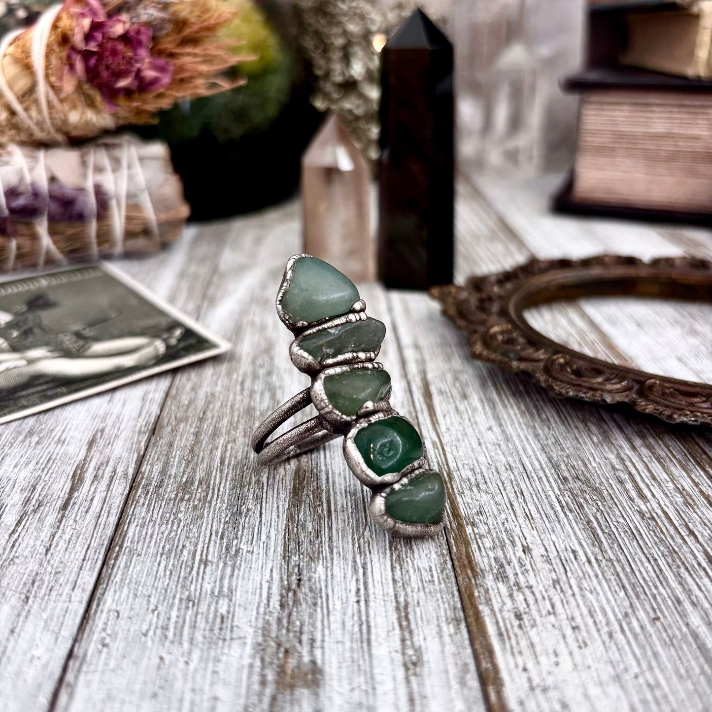 Multi Stone Aventurine Crystal Ring Set in Fine Silver Size 8 / Foxlark Collection - One of a Kind