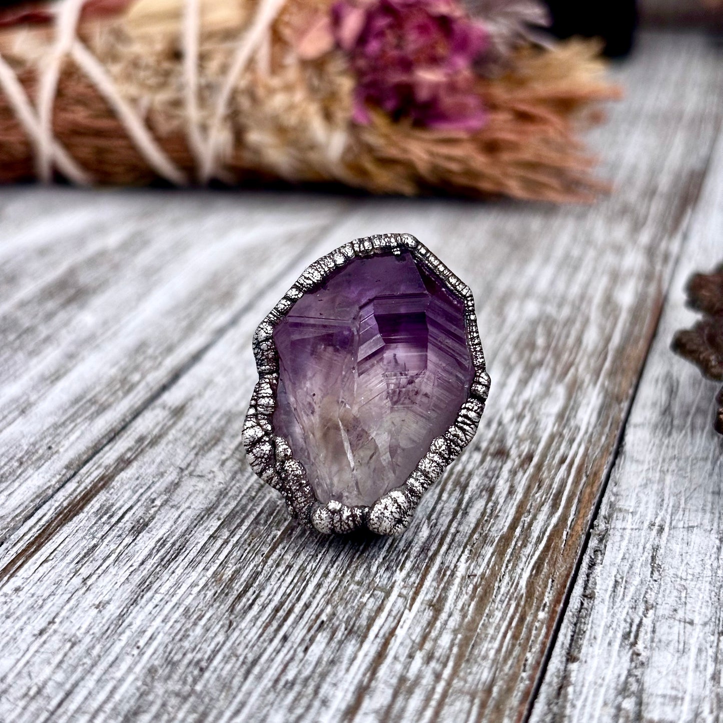 Raw Amethyst Crystal  Ring Set in Fine Silver Size 7 / Foxlark Collection - One of a Kind