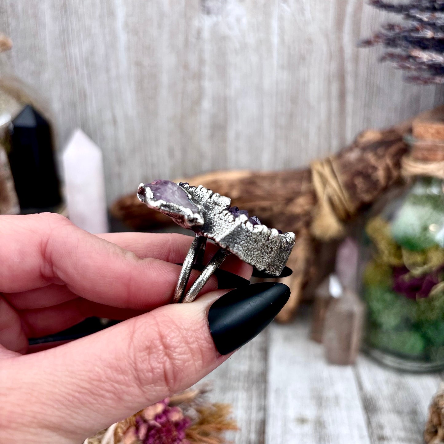 Raw Purple Amethyst Crystal Geode Ring in Fine Silver Size 8 / Foxlark Collection
