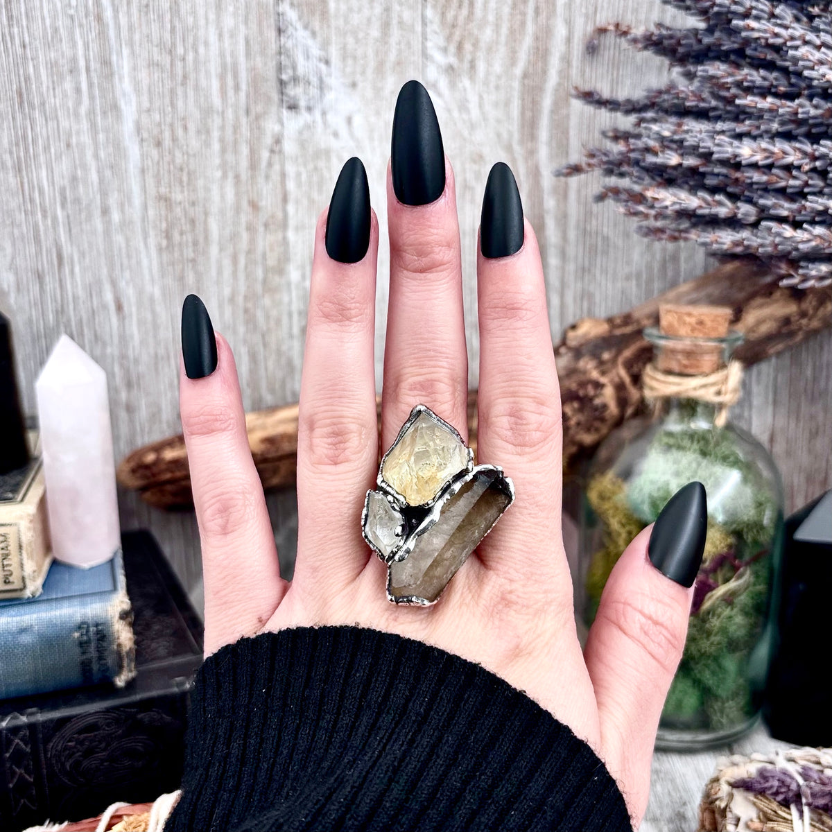 Three Stone Raw Citrine, Clear Quartz, Smoky Quartz Ring In Silver Size 8.5 / Foxlark Collection FOXLARK