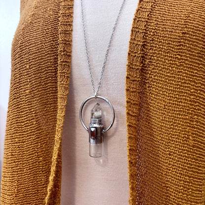 Garden Quartz and Orange Kyanite Crystal Necklace / Silver Rollerball Necklace