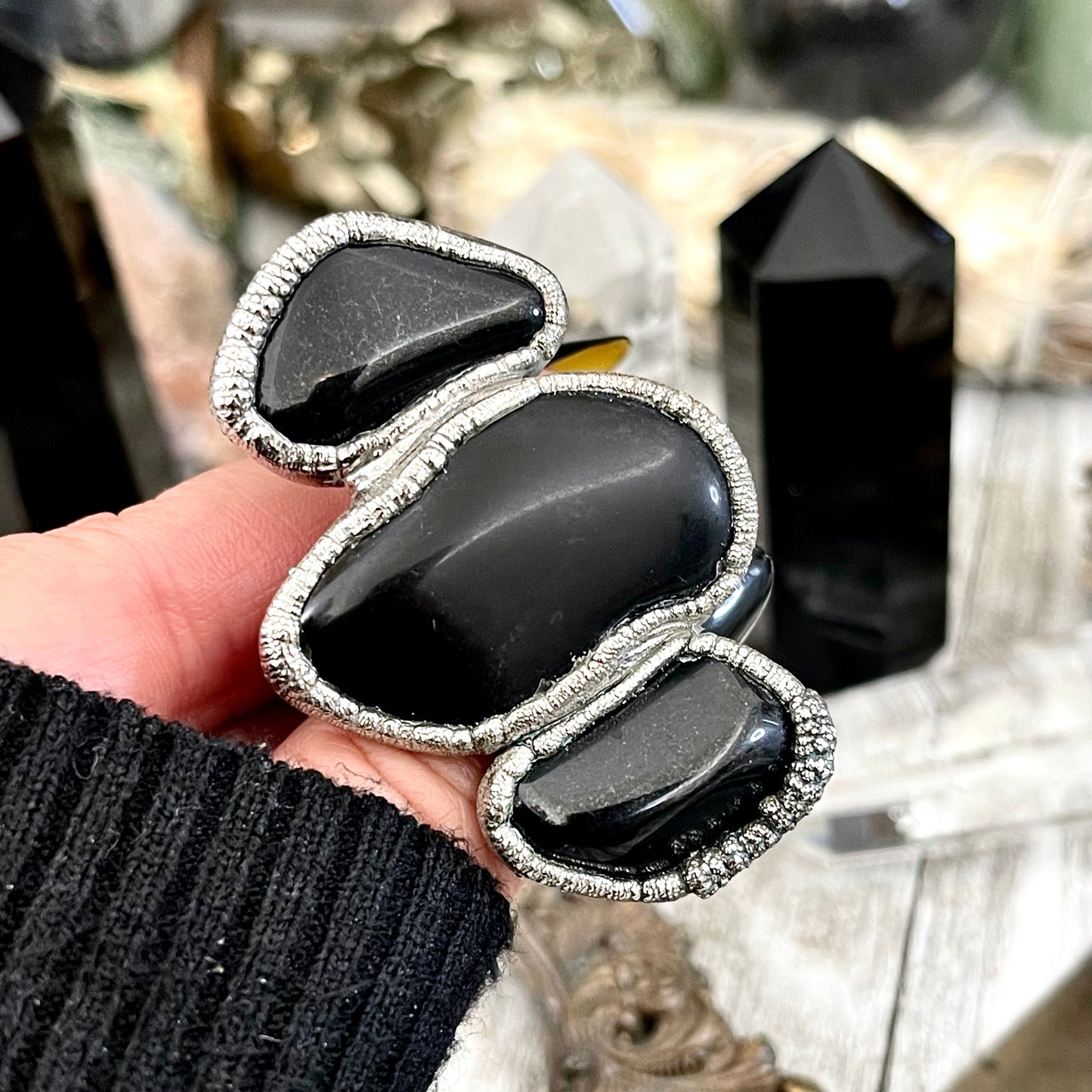 Size 8.5 Crystal Ring - Three Stone Black Onyx Ring in Silver / Foxlark Collection - One of a Kind