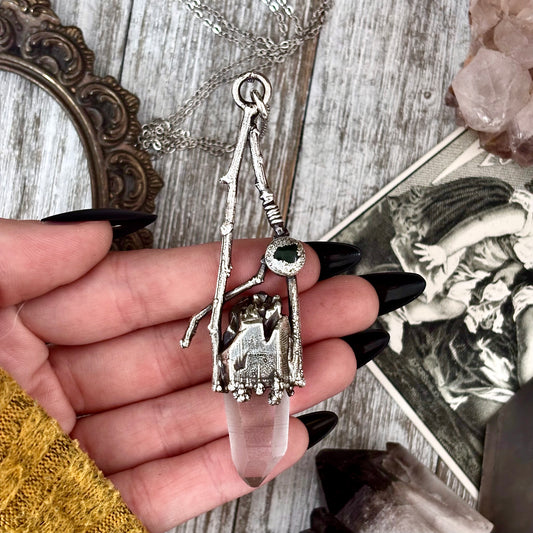 Raw Clear Quartz Moss Agate Crystal Necklace in Silver / Sticks & Stones Collection