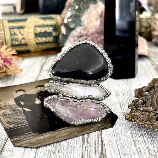 Size 9 Crystal Ring - Three Stone Black Onyx Clear Quartz Amethyst Ring in Silver / Foxlark Collection - One of a Kind