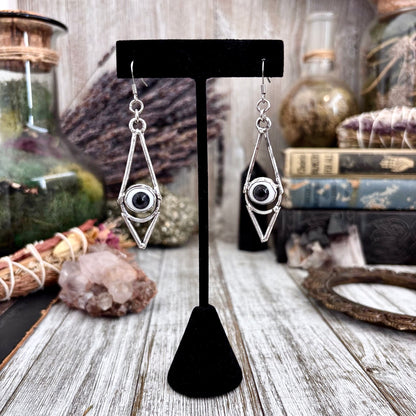 Grey Iris Eyeball Fine Silver Earrings / Long Dangle Witchy Earrings