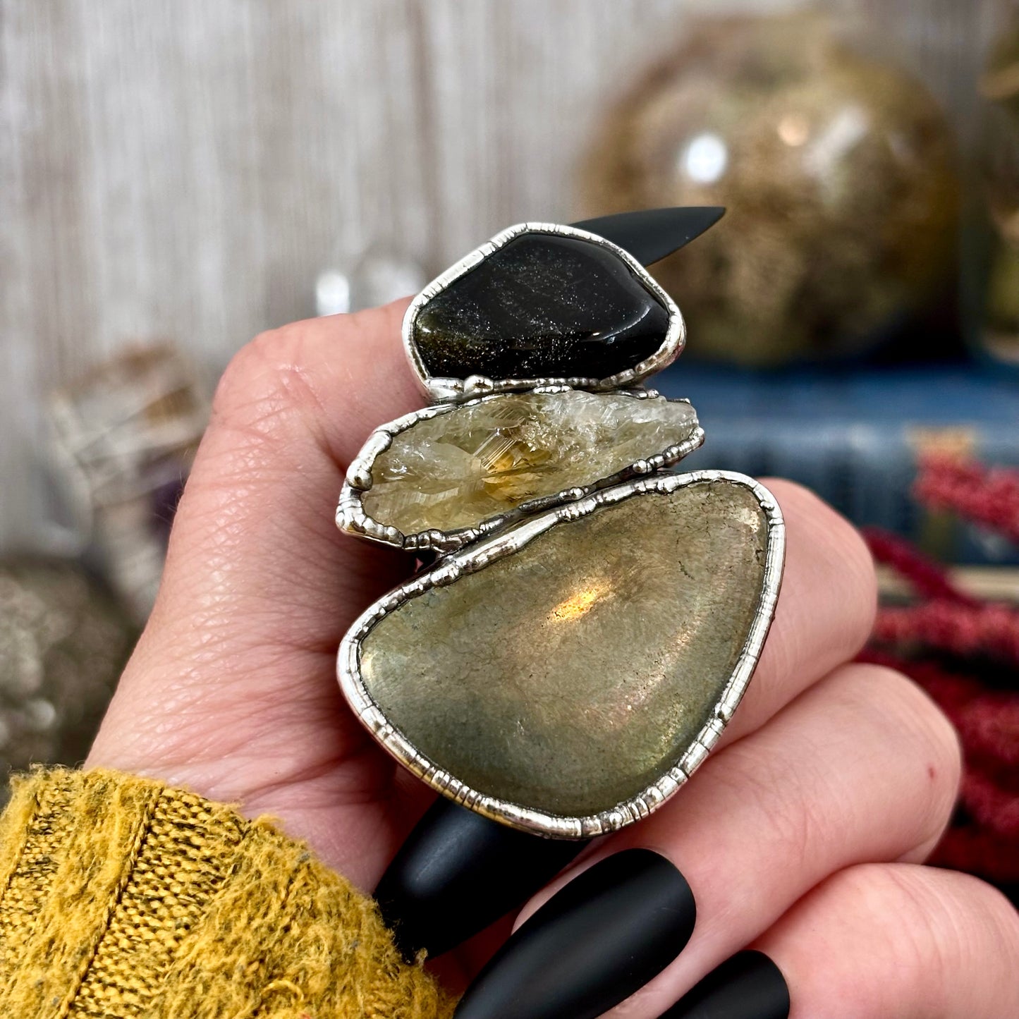 Multi Stone Black Obsidian Citrine Pyrite Ring In Silver Size 8/ Foxlark Collection