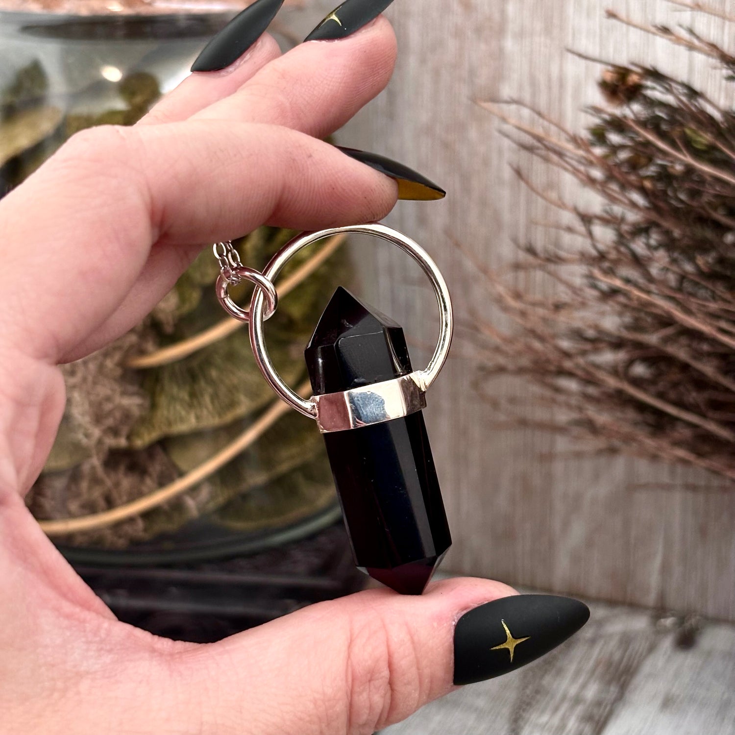 Black Onyx Crystal Point Necklace in Sterling Silver  -Designed by FOXLARK Collection / Witchy Necklace Goth Jewelry FOXLARK