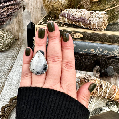 Rainbow Moonstone with Black Tourmaline Ring Silver Size 6.5 / Foxlark Collection