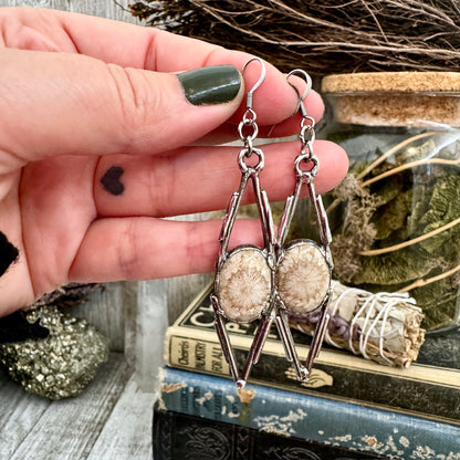 Fossilized Coral Fine Silver Crystal Earrings / Long Dangle Witchy Earrings