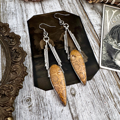 Fossilized Coral Fine Silver Crystal Earrings / Long Dangle Witchy Earrings