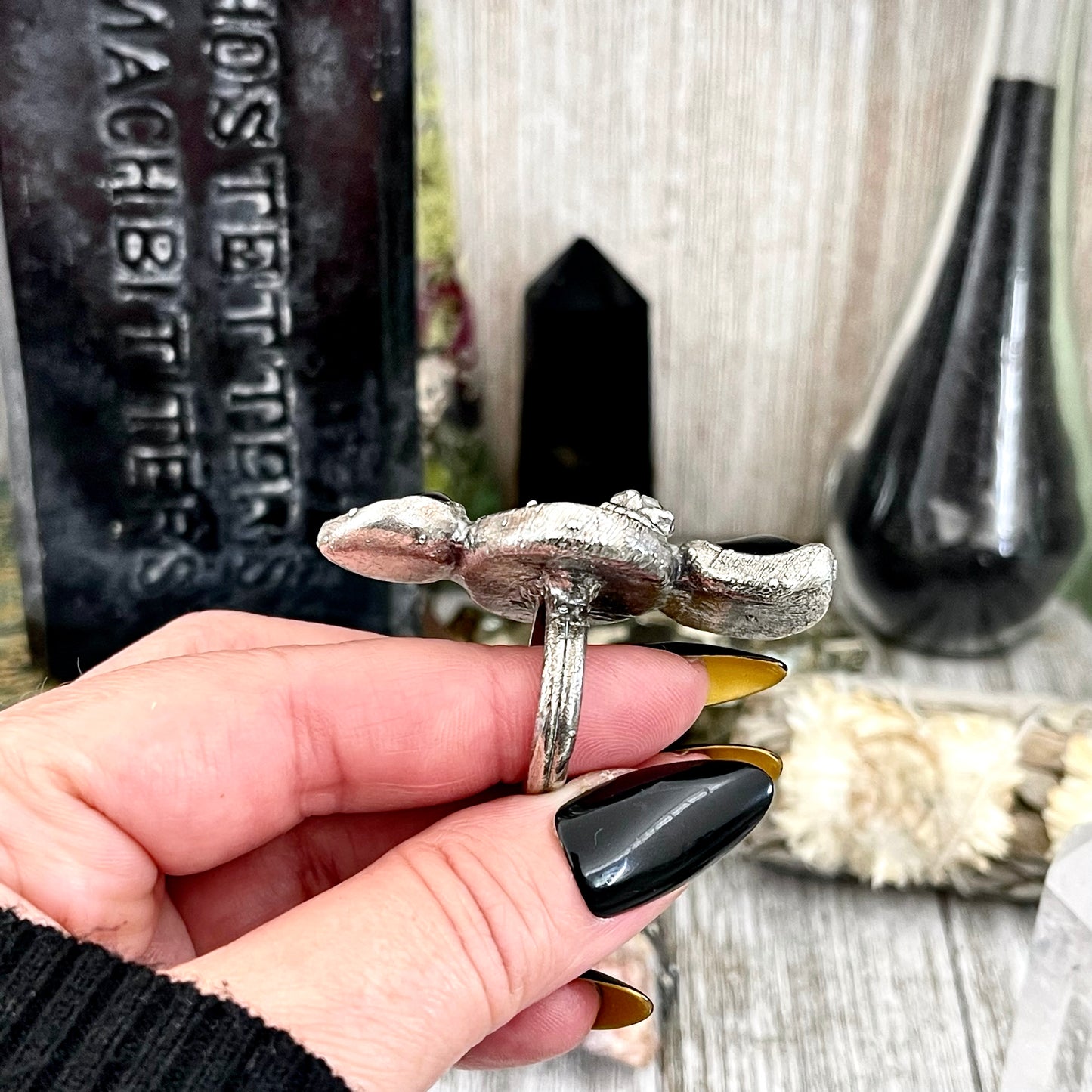 Size 8 Crystal Ring - Three Stone Ring Black Onyx Tourmaline Quartz Herkimer Diamond Ring Silver / Foxlark Collection - One of a Kind