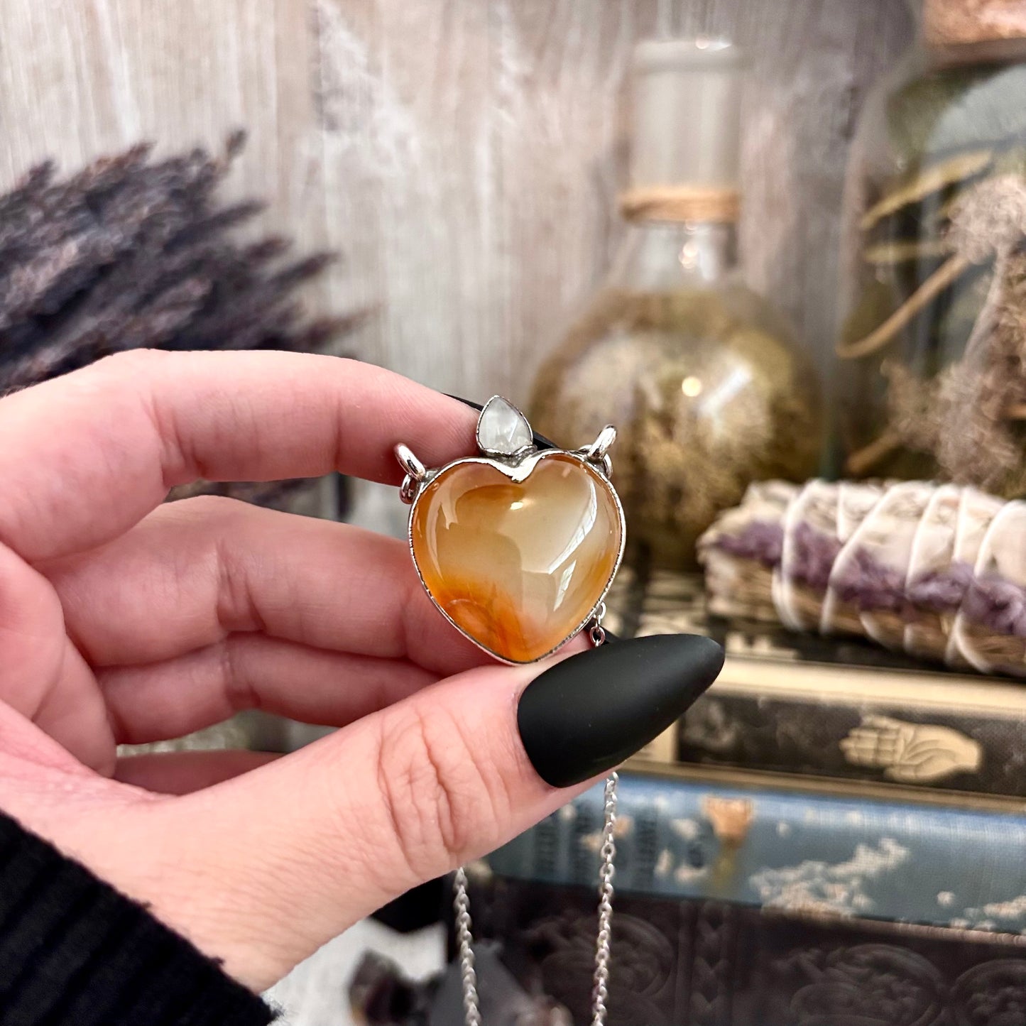 Carnelian Heart Rose Quartz Teardrop Statement Necklace in Fine Silver / Foxlark Collection - One of a Kind