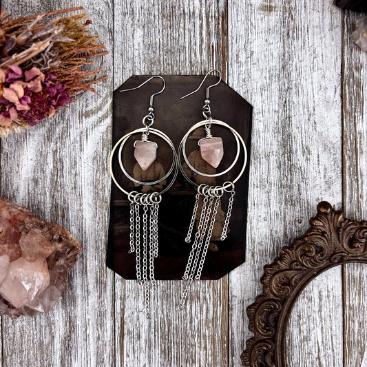 Peach Moonstone Earrings Stainless Steel Hoop and Fringe / Long Dangle Punk Earrings