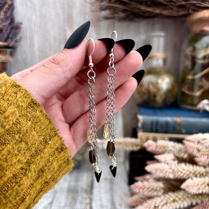 Citrine Smoky Quartz Black Onyx Beaded Fringe Earrings / Long Dangle Witchy Earrings