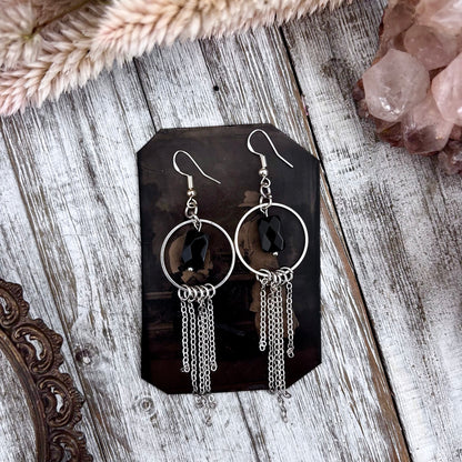 Black Onyx Hoop Fringe Earrings / Long Dangle Witchy Earrings