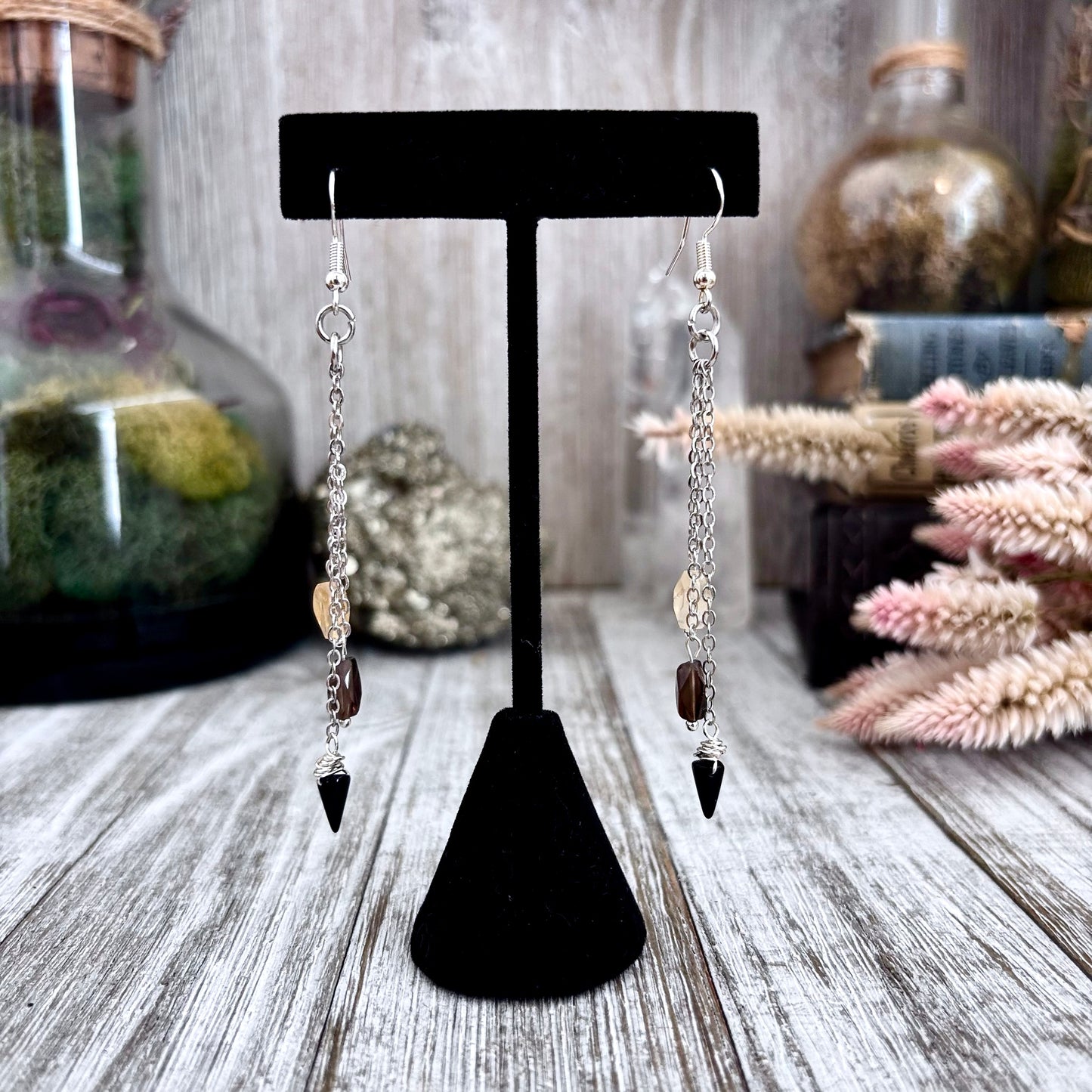 Citrine Smoky Quartz Black Onyx Beaded Fringe Earrings / Long Dangle Witchy Earrings